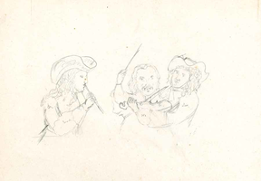 K000723 Een potloodschets van drie muziekanten, een blokfluitspeler, een violist en een dirigent uit ca. 1900, getekend ...