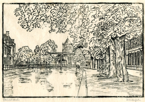K000644 Tekening van de Burgel en de Burgwal ter hoogte van de Meeuwenbrug, achter de brug is de toren van de ...