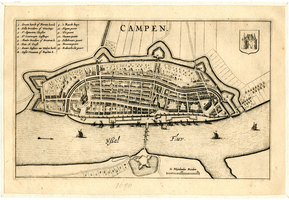 K000503 Campen, plattegrond in vogelperspectief van de stad uit de tweede helft van de 17e eeuw, vermoedelijk door ...
