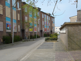 F013097 Met houten platen dichtgespijkerde ramen van de flatwoningen in de Skonenvaardersstraat in 2008, voor en ...