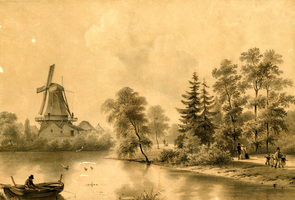 K000169 Gezigt in Stads-Wandelparken te Kampen, buiten de Hagenpoort, een lithografie van P. Blommers te 's Gravenhage, ...