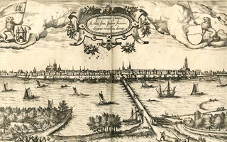 K000124 Campen in de tweede helft van de 16e eeuw. In het versierde cartouche midden boven van de prent staat ...
