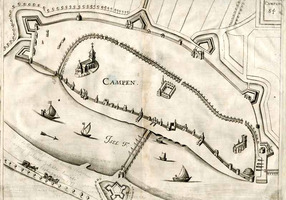 K000045 Campen. Plattegrond in vogelperspectief van de verdedigingswerken der stad Kampen uit de 17e eeuw. Op de kaart ...