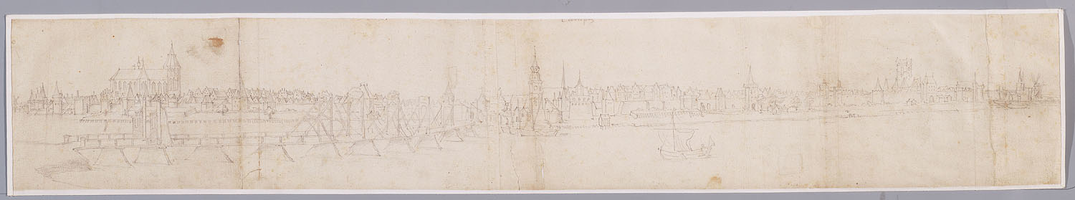 K001078 'Campen'. Zicht op Kampen met van links naar rechts de Koornmarktspoort, Bovenkerk, Schepentoren, stadskraan en ...