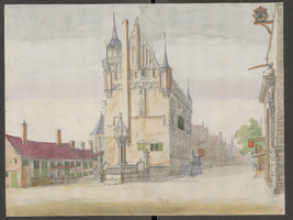 K000109 Gezicht op de noordgevel van het oude Raadhuis, uiterst rechts de doorgang onder de Nieuwe Toren, getekend door ...