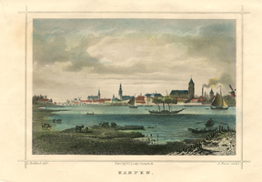 K000714 Kampen gezien vanaf Seveningen in zuidwestelijke richting. De gravure is gesingeerd door L. Rohbock delt, A. ...