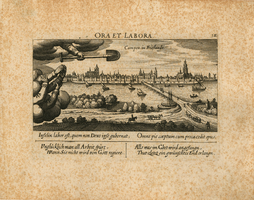 K000671 Ora et labora Campen in Frieslandt. Kampen gezien vanaf de oostelijke IJsseloever ter hoogte van de IJsselbrug ...