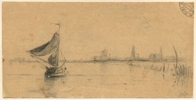 K000657 Potloodtekening van een zeilschip op de IJssel met de stad Kampen op de achtergrond. De tekening is getekend ...