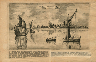 K000639 Kampen, gezien vanaf de oostelijke IJsseloever. De gravure is getekend door Jan Peeter en gegraveerd door ...
