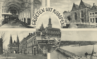 F000067 Verzamelkaart met een 5-tal afbeeldingen: links boven interieur Broederkerk, rechts boven Burgwal met ...
