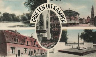 F000069-2 Verzamelkaart met een 5-tal afbeeldingen, l.b. Plantsoen; r.b. Nieuwe Markt; l.o. Proveniershuisjes van de ...