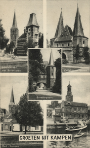 F000070-1 Verzamelkaart (Groeten uit Kampen) met 5-tal afbeeldingen: links boven de Schoolstraat met de toren van de ...