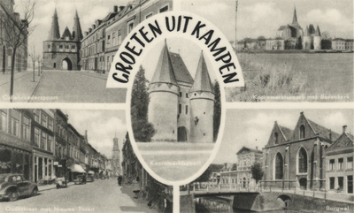 F000071-1 Verzamelkaart (Groeten uit Kampen) met een 5-tal afbeeldingen: links boven Cellebroederspoort; rechts boven ...