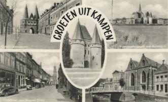 F000071-1 Verzamelkaart (Groeten uit Kampen) met een 5-tal afbeeldingen, l.b. Cellebroederspoort; r.b. Koornmarktspoort ...
