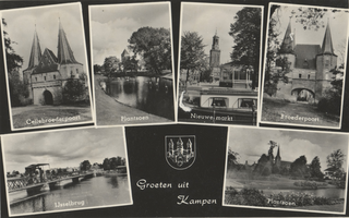 F000072-1 Verzamelkaart (Groeten uit Kampen) met een 6-tal afbeeldingen: boven, van links naar rechts: ...