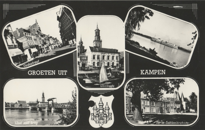 F000072-3 Verzamelkaart (Groeten uit Kampen) met links boven Oudestraat, rechts boven IJssel met boot, links onder ...