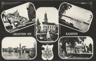 F000072-3 Verzamelkaart (Groeten uit Kampen) met l.b. Oudestraat; r.b. IJssel met boot; l.o. IJssel met ophaalbrug; ...