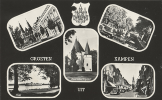 F000072-2 Verzamelkaart (Groeten uit Kampen) met l.b. Cellebroedersweg; r.b. Oorgat; l.o. IJssel; r.o. Oudestraat; m. ...