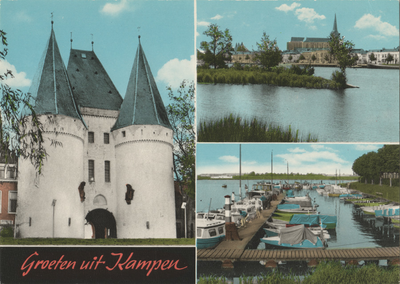 F000074-1 Verzamelkaart (Groeten uit Kampen): links Koornmarktpoort, rechts boven de IJssel met de Bovenkerk, rechts ...