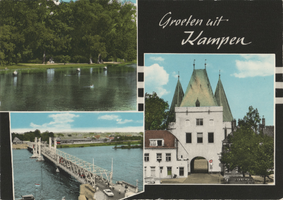 F000074-2 Verzamelkaart (Groeten uit Kampen) l.b. Plantsoen; l.o. IJsselbrug; r. Koornmarktspoort stadzijde.
