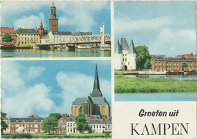 F000076-1 Verzamelkaart (Groeten uit Kampen) r.b.IJsselbrug en Nieuwe Toren; l.o. De la Sablonierekade met de ...