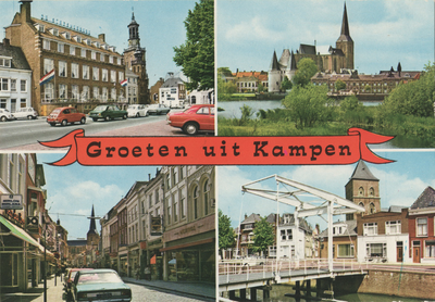 F000077-2 Verzamelkaart (Groeten uit Kampen): links boven Stadsherberg, rechts boven Koornmarktpoort en de Bovenkerk, ...