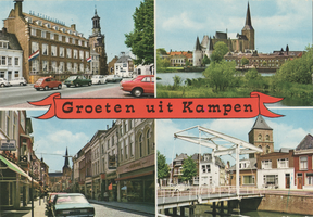 F000077-2 Verzamelkaart (Groeten uit Kampen) l.b. Stadsherberg; r.b. Koornmarktspoort en de Bovenkerk; l.o. Oudestraat ...