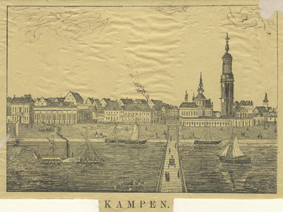 F000081 (hout)gravure van een 19e-eeuws gezicht op Kampen met de IJsselkade en de IJsselbrug..