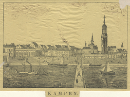 F000081 (hout)gravure van een 19e-eeuws gezicht op Kampen met de IJsselkade en de IJsselbrug..