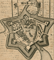 K001563 Blokzijl. Blad met diverse plattegronden li.bo. Vollenhove (K001562), li. on. Block-zyl (K001563), re.bo. ...