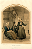 K001156 Kamper-Eiland, een man en twee vrouwen in de zondagsdracht van het Kampereiland uit ca. 1850.