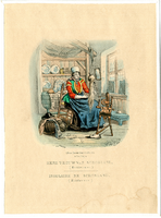 K001159 Een ingekleurde litho van eene vrouw van Schokland in klederdracht, gesigneerd, H.W. Last.