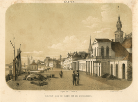 K001756 'Kampen. Gezigt aan de kade bij de IJsselbrug.' Met zicht op stadskraan, Bovenkerk en Schepentoren.