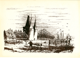 K001751 Koornmarktpoort, een pentekening van de IJsselkade zoals het eruit zou hebben kunnen zien rond 1850, gesigneerd ...