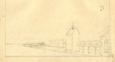 K001800-05 Ontwerpschets voor K001800-29. Zuidereind der Stad Kampen en Tolhuis 1544 geboud - de 7 Pakhuizen 1843 geboud .