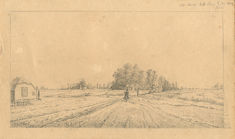 K001800-18 10 uur 28 Aug vm 1841 plas . Op deze schets is de Grafhorsterweg, toen nog een zandweg, te zien tussen de ...