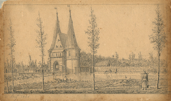 K001800-23 10 Augt 1844 . Mooie potloodtekening, iets met inkt bijgewerkt. De Cellebroederspoort met daarnaast de sluis ...