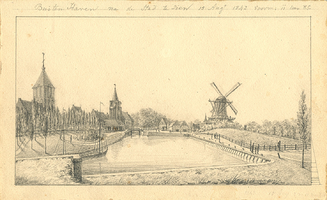 K001800-26 Buiten Haven na de Stad te zien, 15 Augt 1842 voorm. 11 uur RG . Gezicht op de Buitenhaven. Links vooraan de ...