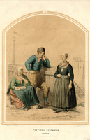 K001155 Man en vrouwen in Schokker klederdracht, een ingekleurde litho van R. de Vries jr. uit ca. 1850.