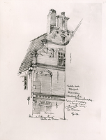 F002297 Fotografische reproduktie van een tekening uit 1942 van de zijgevel (Blauwehandsteeg) van het huis de Blauwe ...