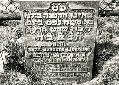 F003940 Grafsteen van onze jongste lieveling Betsij van Gelderen, geboren 6 juni 1907/24 Siwan (5)667. - H(ier is) ...
