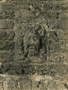 F003357 Ingemetselde ornament van een leeuwenkop in de doorgang van de Koornmarktspoort.