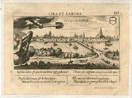K000585 'Ora et labora. Campen in Frieslandt'. 17e eeuw stadsfront van Kampen met o.a. van l. naar r. de ...