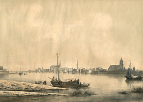 K000121 De stad Kampen, van het Kamper-eiland (Seveningen) te zien. Opgedragen aan den hoogwelgeb. Heer Jhr. Mr. H.A. ...