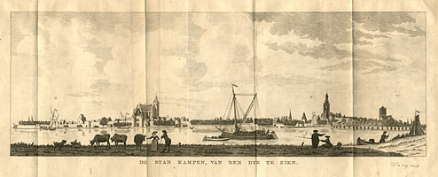 K000320 'De stad Kampen, van den dijk te zien'. Op deze afbeelding uit ca. 1792 is een deel van de stadsmuur, de ...