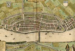 K000023 Urbis Campensis, ad Isalam fluvium, icon. Plattegrond in vogelperspectief der stad Kampen 1687. Uit: Georg ...