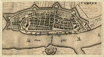 K000810 Campen. Plattegrond uit ca. 1690 in vogelperspectief der stad Kampen.