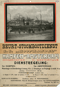 F002674 Dienstregeling Beurt-Stoomdienst Kampen - Amsterdam, met dienstregeling en tarieven, ondernemer: H. Westerhuis. ...