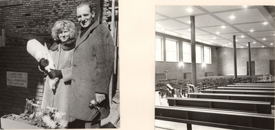 F000170 Foto links: Dominee. A. Jonkman en zijn echtgenote bij de ingemetselde Eerste Steen in het nieuwe kerkgebouw ...