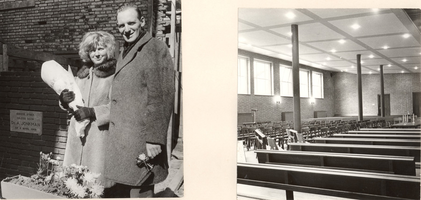 F000170 Foto links: Ds. A. Jonkman en zijn echtgenote bij de ingemetselde Eerste Steen in het nieuwe kerkgebouw van de ...